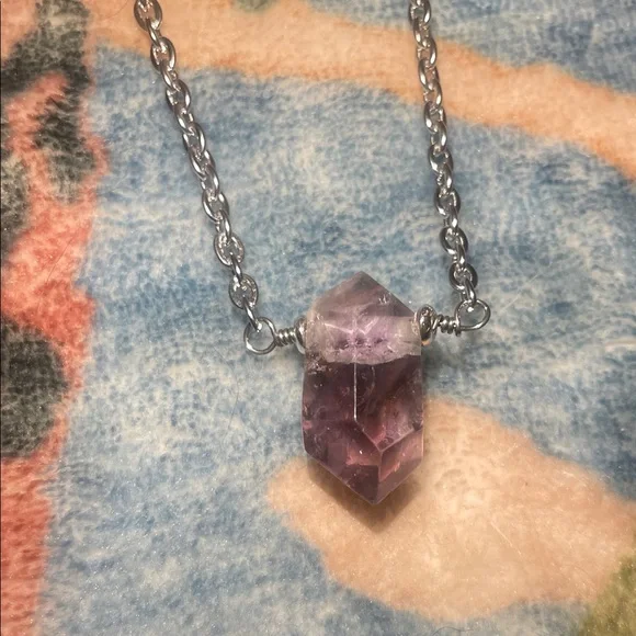 Double Terminated Amethyst Pendant Necklace stainless steel 16 in - Picture 2 of 5